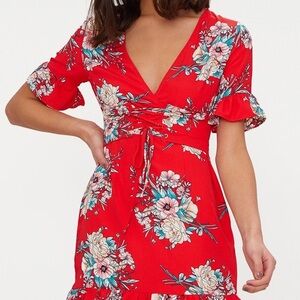 PrettyLittleThing Red Floral Mini Dress